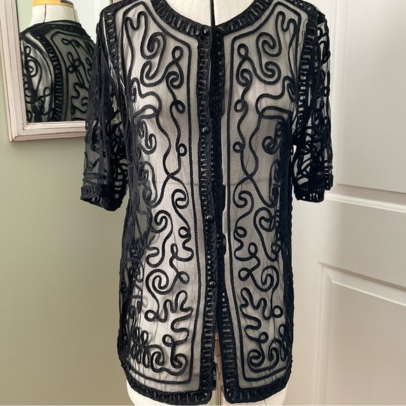 BLACK EMBROIDERED/LACE CARDIGAN, VINTAGE, SIZE:L - Picture 2 of 10